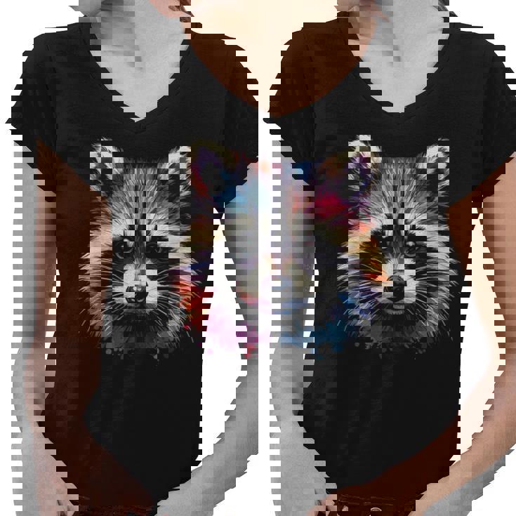 Watercolor Raccoon Tee - Modern Women's V-Neck, All Seasons Wear