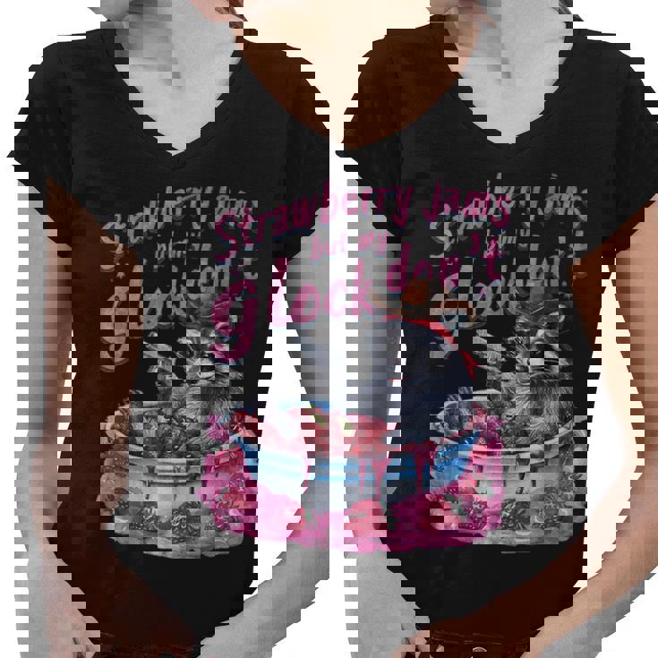 Women's Raccoon V-Neck T-Shirt - Quirky Strawberry Jam Design