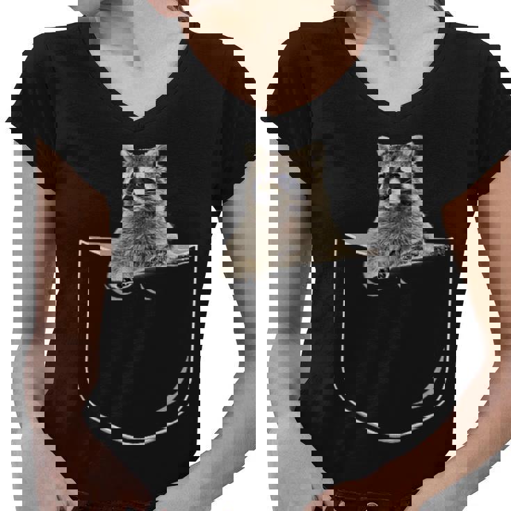 Women's V-Neck T-Shirt - Cute Raccoon Pocket Design for Animal Lovers