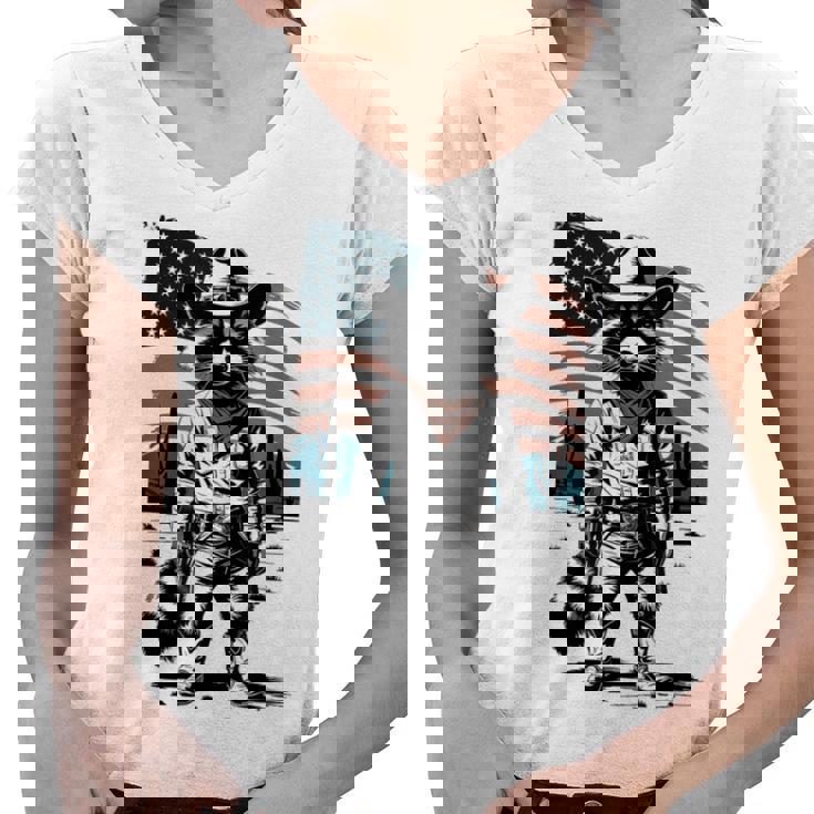 Raccoon Cowboy V-Neck T-Shirt - Vintage Western Style for Women