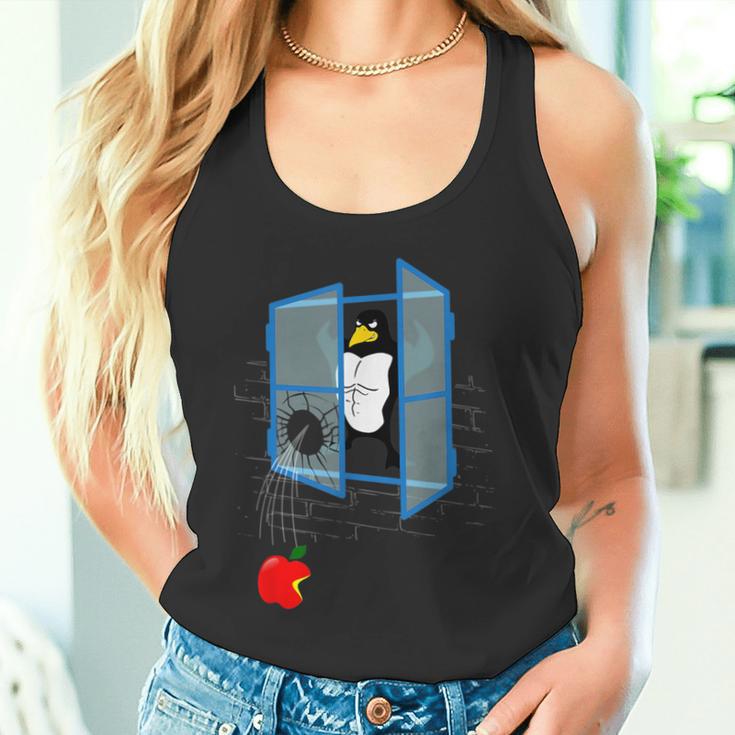 Brawny Linux Penguin Smashed Window With Bitten Apple Tank Top