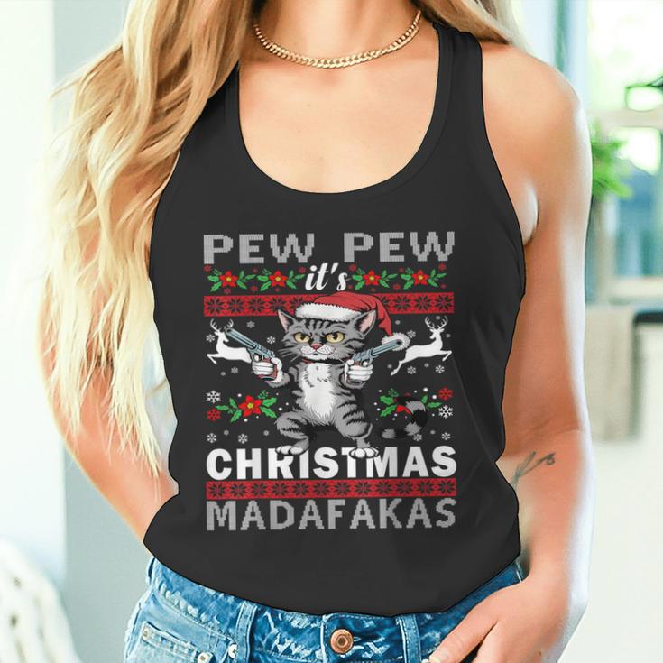 Pew Pew It's Christmas Madafakas Cat Santa Tank Top