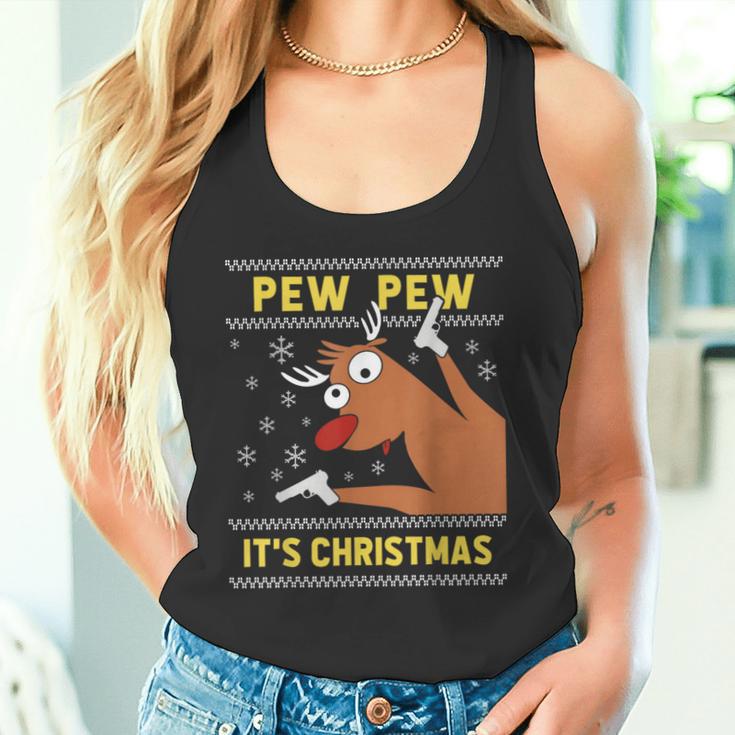 Ugly Christmas Sweater Pew Pew Crazy Reindeer Xmas Tank Top