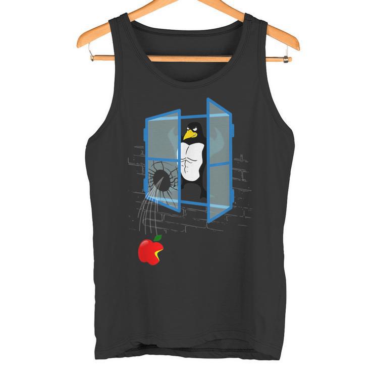 Brawny Linux Penguin Smashed Window With Bitten Apple Tank Top