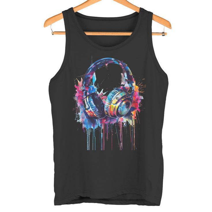 Headphones Music Dj Beatmaker Techno Splash House Music Edm Tank Top