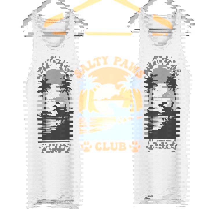 Retro Dog Beach Day Salty Paws Print Summer Ocean Sunset Tank Top