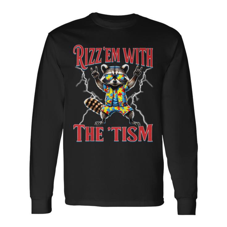 Autism Rizz Em With The Tism Meme Autistic Racoon Hand Rock Long Sleeve T-Shirt