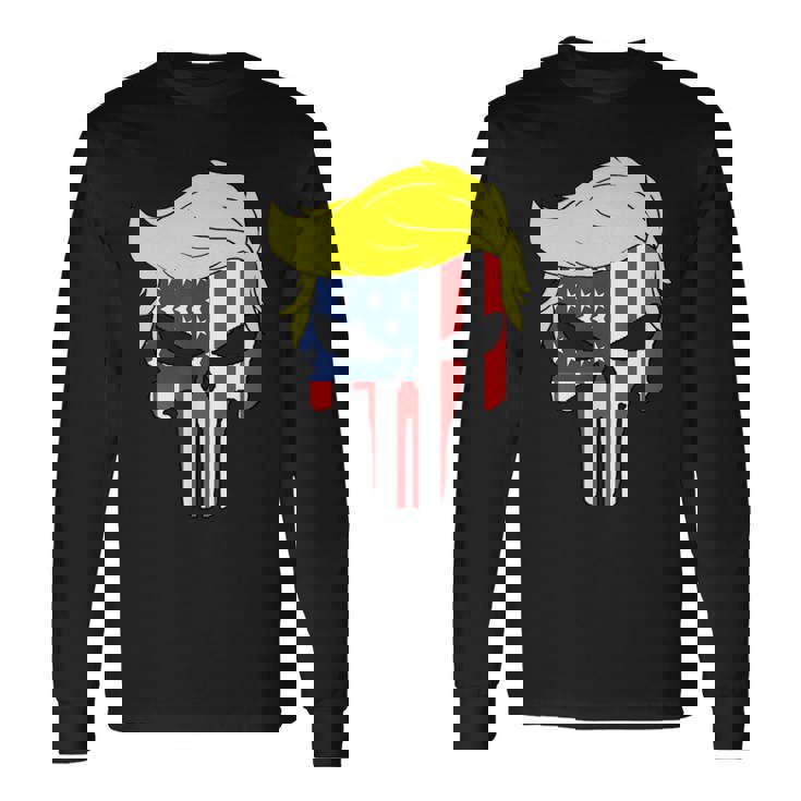 Camisa Trump Hair Skull Para El 4 De Julio Regalo Con La Bandera Estadounidense De Trump Camiseta de manga larga