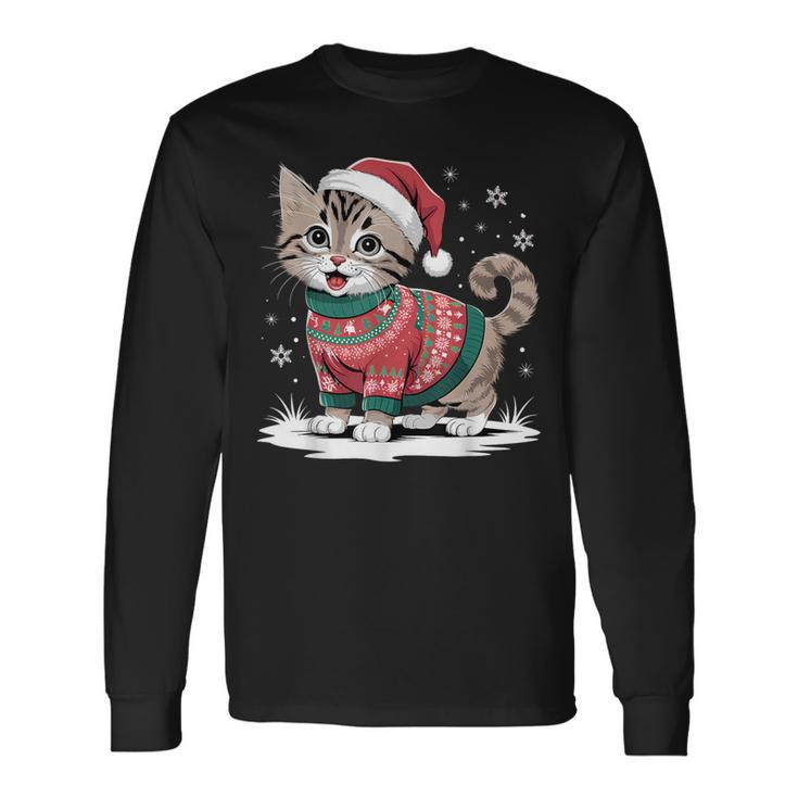 Cat Wearing Ugly Christmas Jumper And Santa Hat Cute Kitten Langarmshirts Geschenkideen