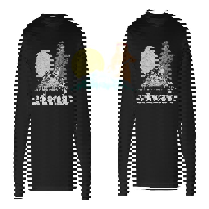 Colorado Banjo Bear Retro Style Mountains Sketch Long Sleeve T-Shirt
