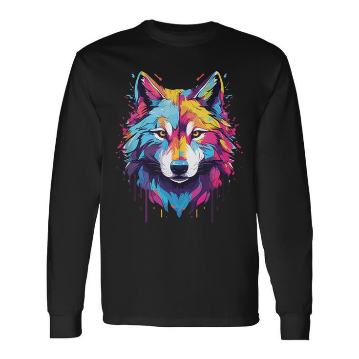 Colorido Lobo Arte Amante Lobos Espíritu Animal Multicolor Arte Sin Mangas Camiseta de manga larga