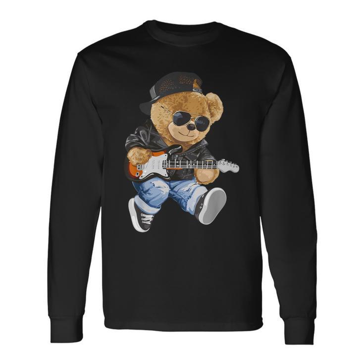 Cute Teddy Bear Playing Electric Guitar Langarmshirts Geschenkideen