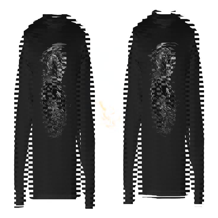 Cyberpunk Grim Reaper Con Guitarra Eléctrica Rock Heavy Metal Camiseta de manga larga Ideas de regalos