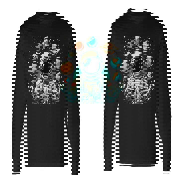 Divertido Astronauta Espacial Malabares Planetas Sistema Solar Niños Camiseta de manga larga Ideas de regalos