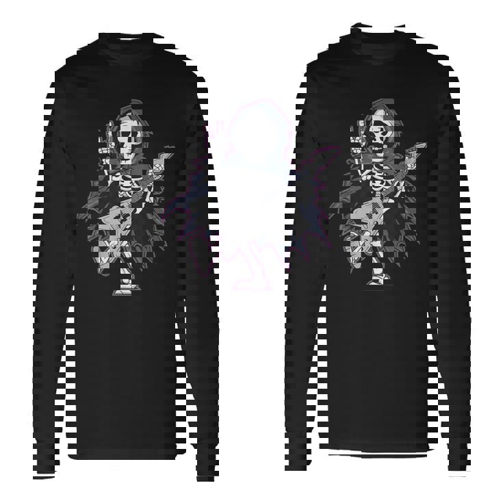 Esqueleto Calavera Guitarra Rock En Heavy Metal Diablo Cuernos Música Camiseta de manga larga Ideas de regalos