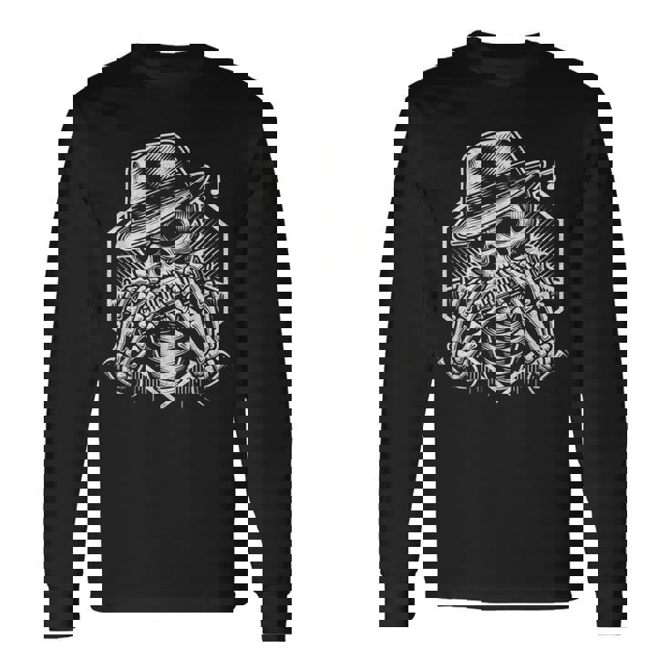 Esqueleto Tocando Armónica Camisa Jugador Calavera Blues Músico Camiseta de manga larga
