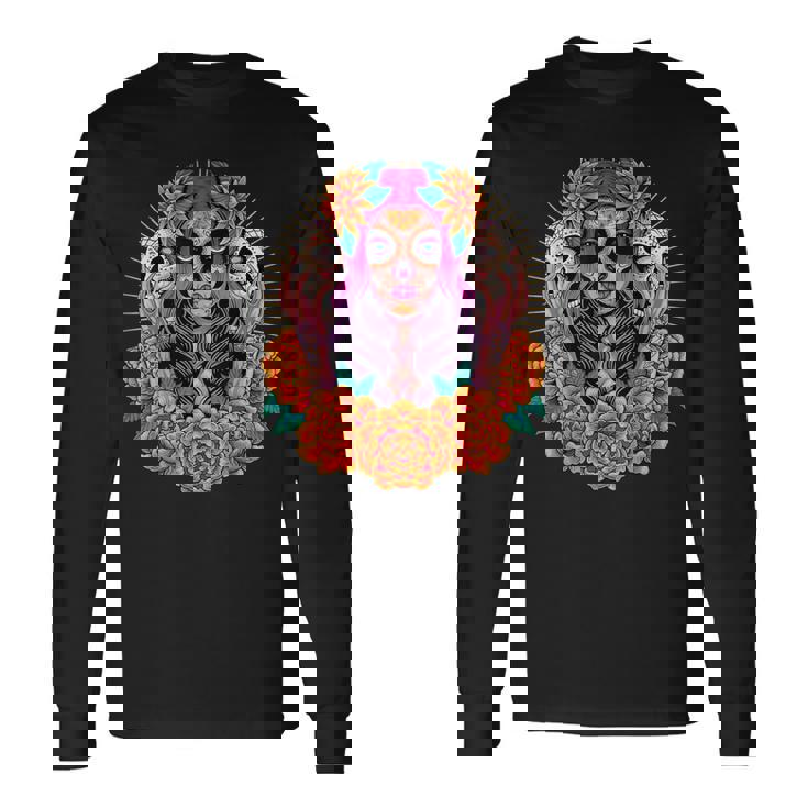 Fleurs De Crâne De La Catrina Dia De Los Muertos T-shirt à manches longues