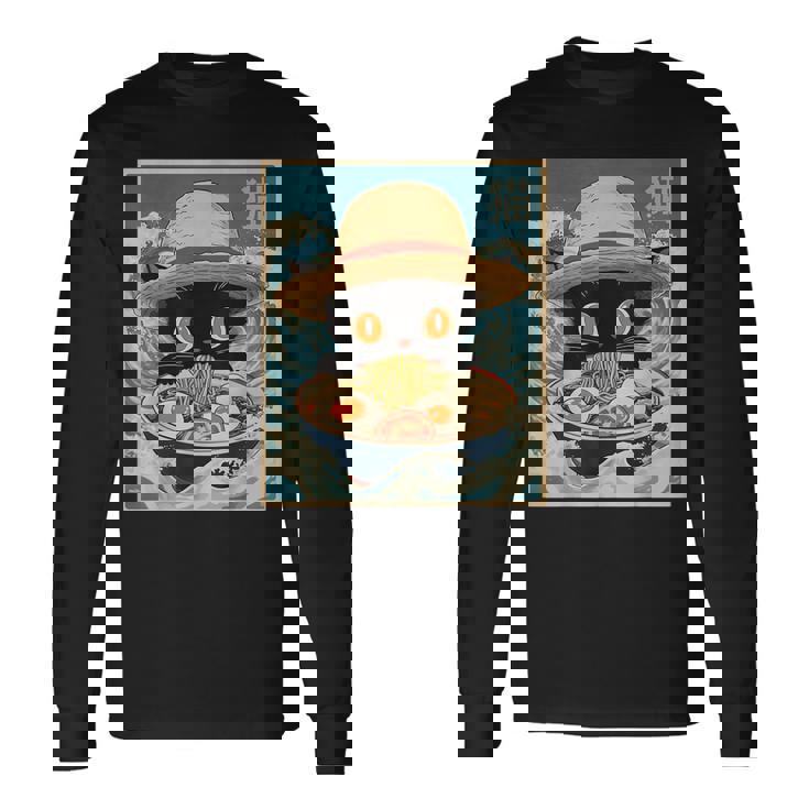Graphic Cat Ramen Noodles Japanese Kawaii Anime Long Sleeve T-Shirt