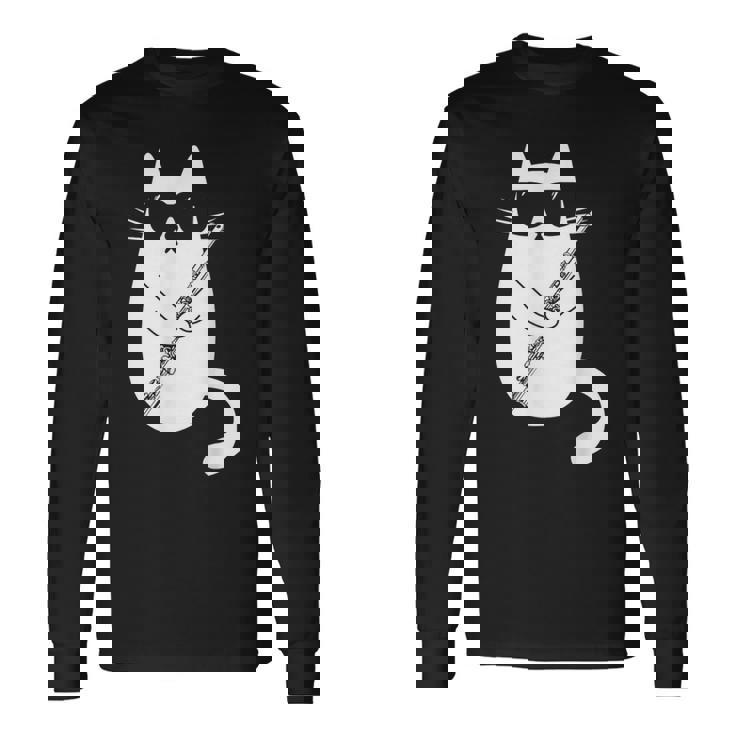 Gato Gracioso Con Gafas De Sol De Músico Flauta Travesera Camiseta de manga larga