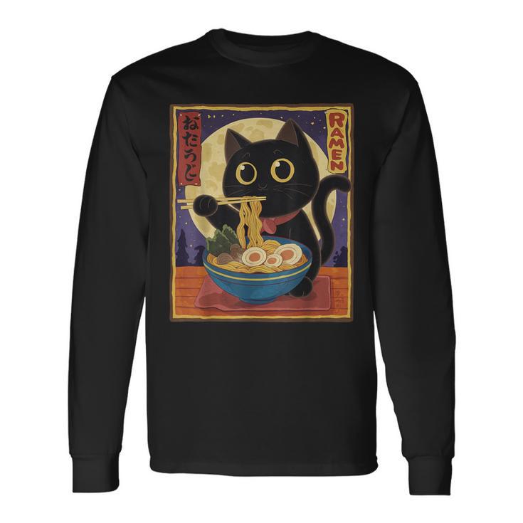 Gato Kawaii Comiendo Fideos Ramen Anime Amantes Camiseta de manga larga