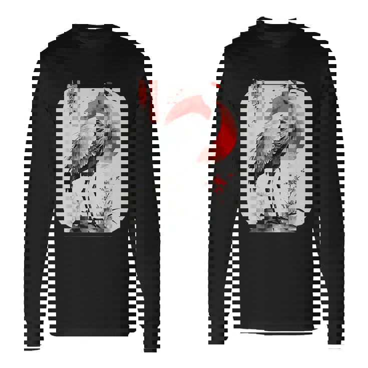 Grulla De Arte Tradicional Japonés Y Atardecer Rojo Japonés Kanji Camiseta de manga larga