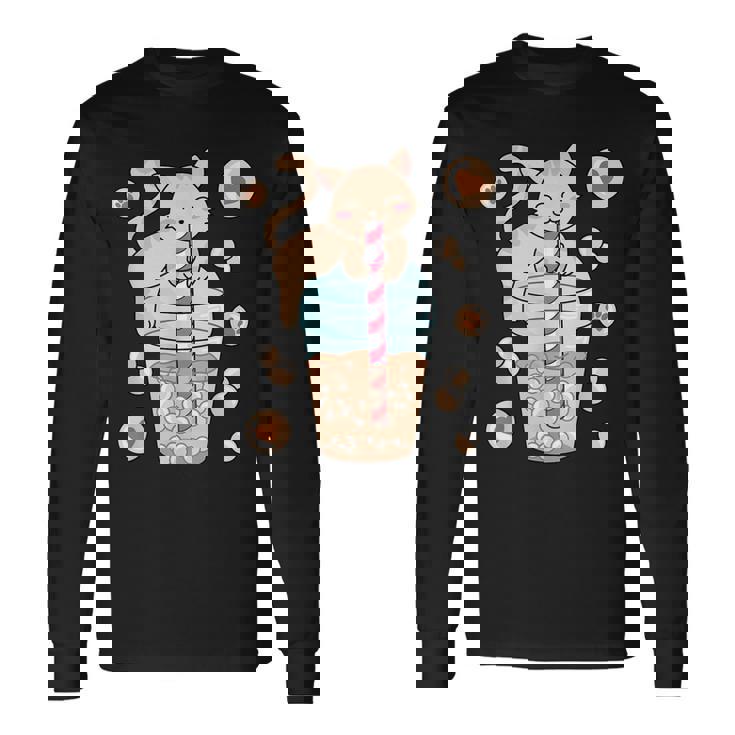 Kawaii Cat Boba Tea Japanese Anime Bubble Tea Neko Long Sleeve T-Shirt