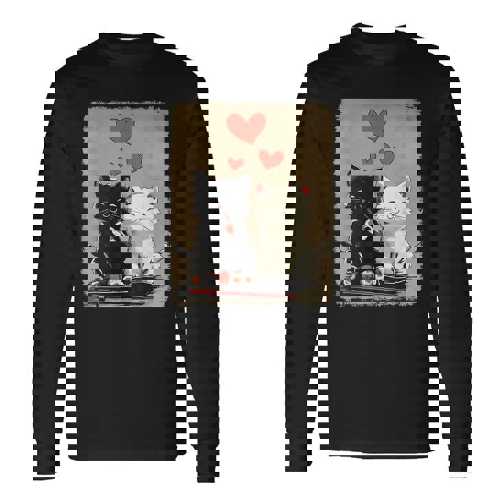 Kawaii Cat Couple Valentines Day Anime Cat Couple Heart Cat Long Sleeve T-Shirt