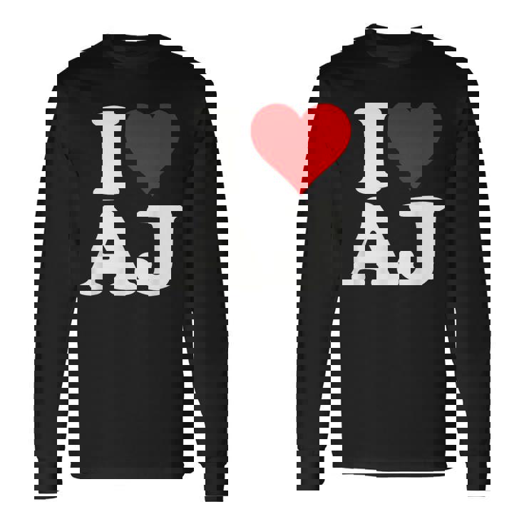I Love Heart Aj AJ A J Initals Monograma Nombre Nombre Camiseta de manga larga