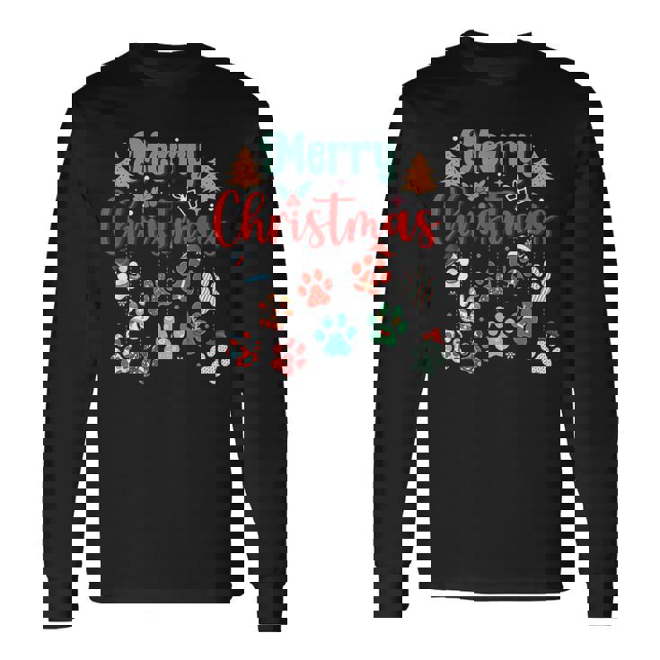 Merry Christmas Lights Dog Paw Red Plaid Dog Love Xmas Long Sleeve T-Shirt