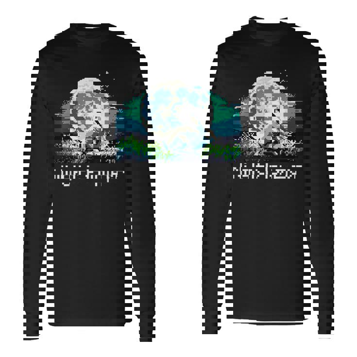 Rabbit Hare Animal Full Moon At Night Bunny 8-Bit Pixel Art Long Sleeve T-Shirt