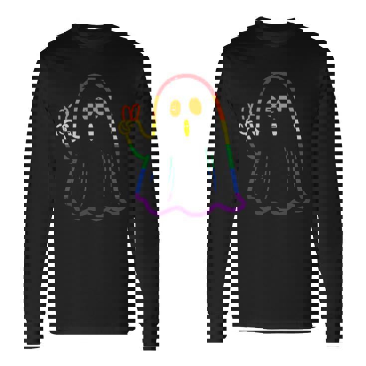Rainbow LGBT Ghost Peace Sign Gay Pride Halloween Costume Long Sleeve T-Shirt