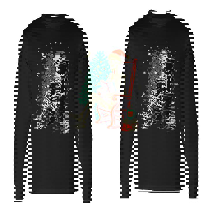 Skeleton Santa Christmas Tree Reading Book Book Worm Long Sleeve T-Shirt