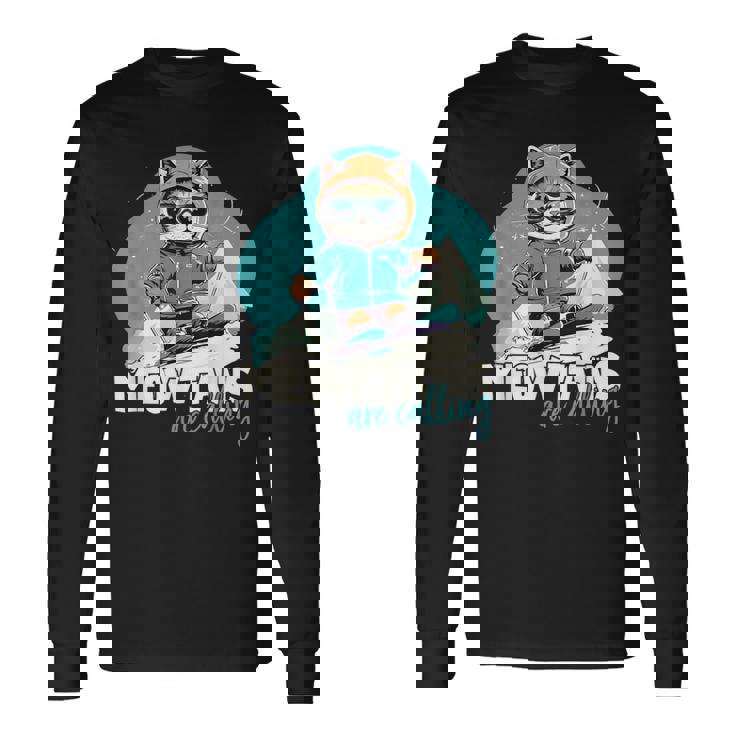 Skiing Cat Winter Sports Adventure Downhill Fun Long Sleeve T-Shirt
