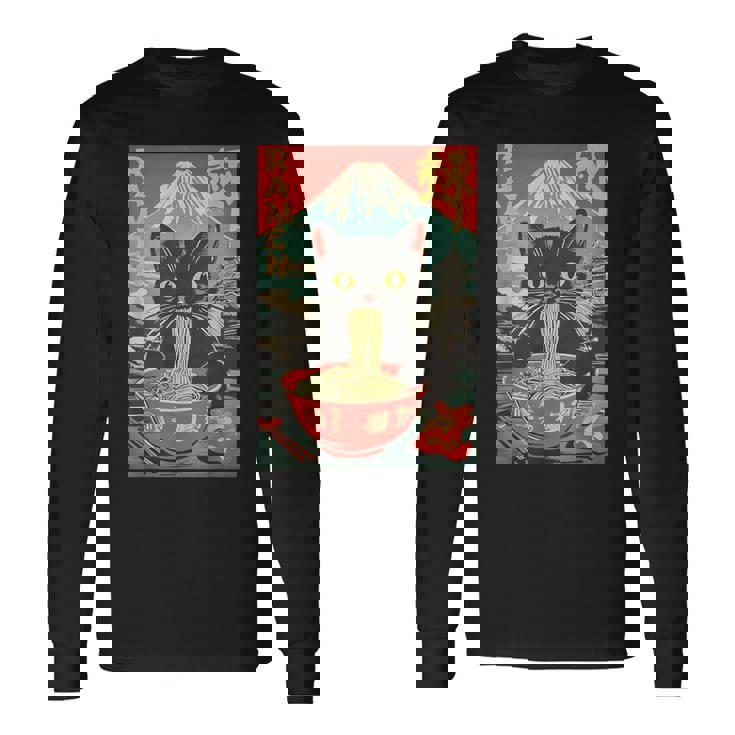 Vintage Cat Ramen Anime Cat Japanese Graphic Long Sleeve T-Shirt