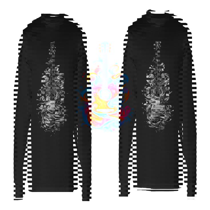 Watercolor Guitar Instrument With Splash Guitar Long Sleeve T-Shirt