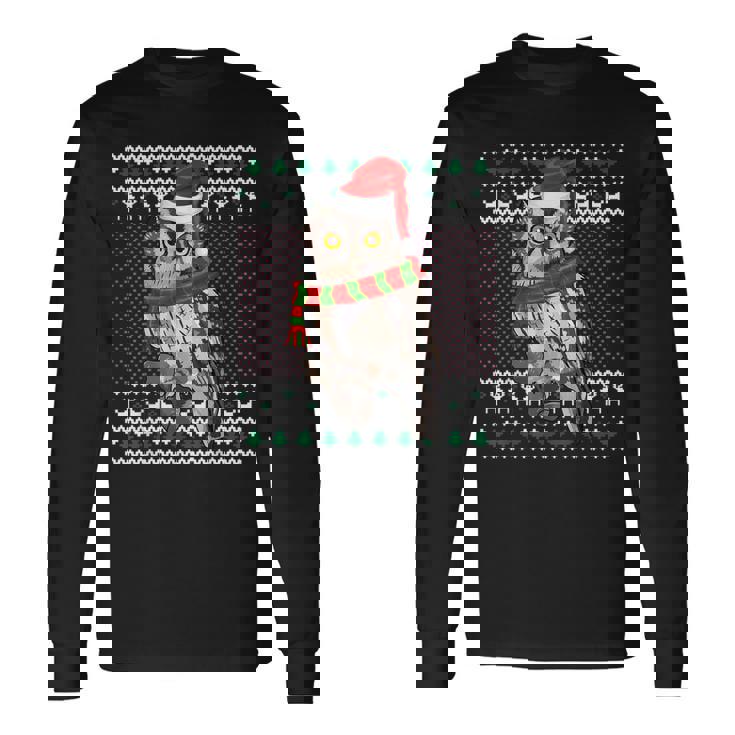 Xmas Santa Hat Whiskered Screech-Owl Ugly Christmas Long Sleeve T-Shirt