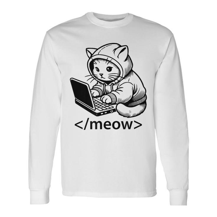 Kitten Developer Meow Code Block Laptop Cat Hacker Divertido Camiseta de manga larga