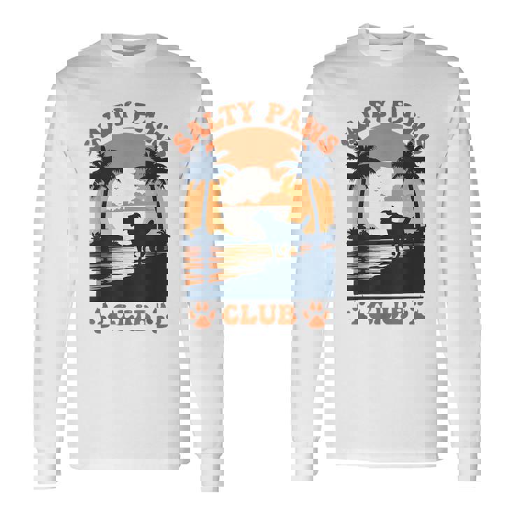 Retro Dog Beach Day Salty Paws Print Summer Ocean Sunset Long Sleeve T-Shirt