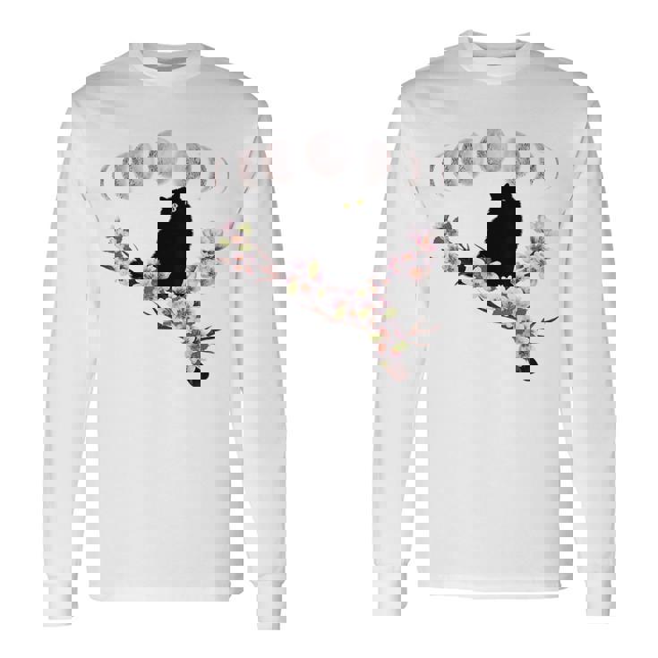 Sakura Chat Noir Fleurs Fleurs De Cerisier Phases Lunaires T-shirt à manches longues