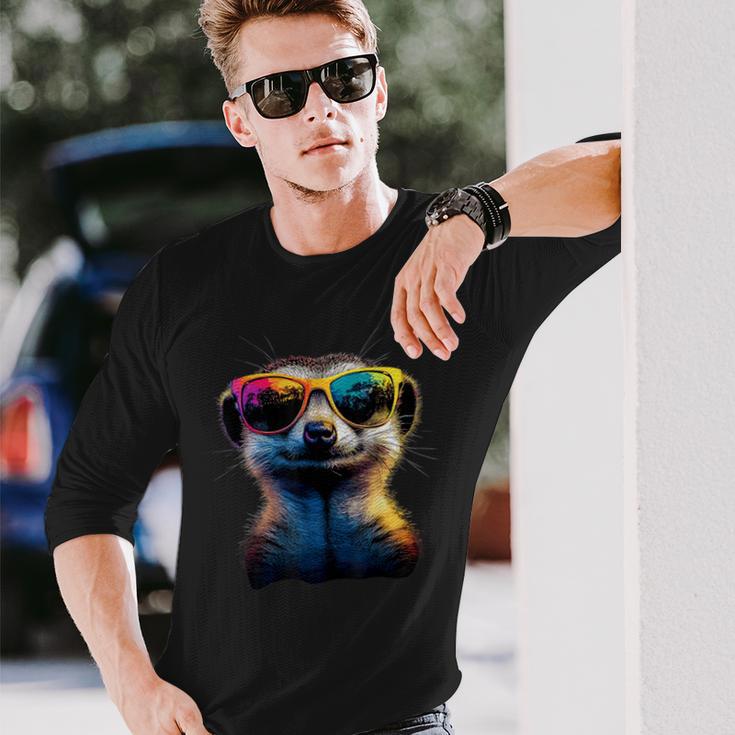 Meerkat With Sunglasses Colourful Popart Cute Meerkat Langarmshirts Geschenke für Ihn