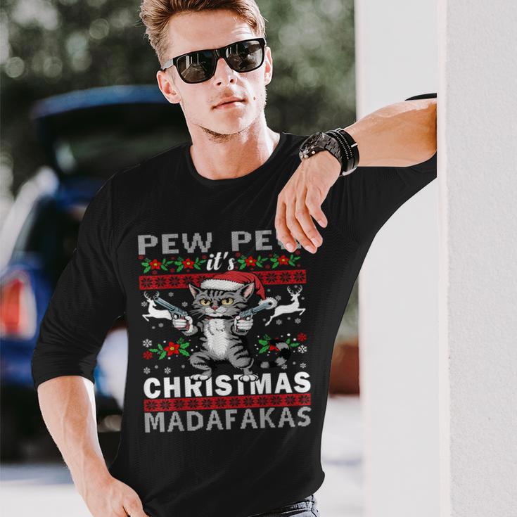 Pew Pew It's Christmas Madafakas Cat Santa Langarmshirts Geschenke für Ihn