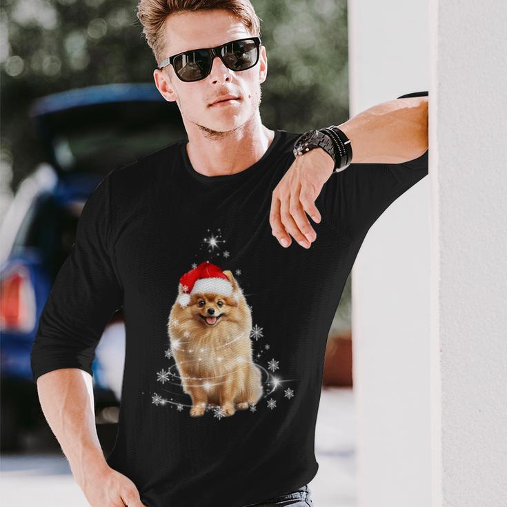 Pomeranian Christmas Tree Santa Hat Lights Jumper Langarmshirts Geschenke für Ihn