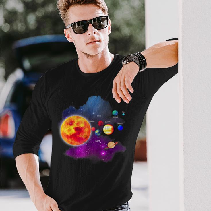 Solar System Motif With Sun Planets Stars Galaxies Langarmshirts Geschenke für Ihn