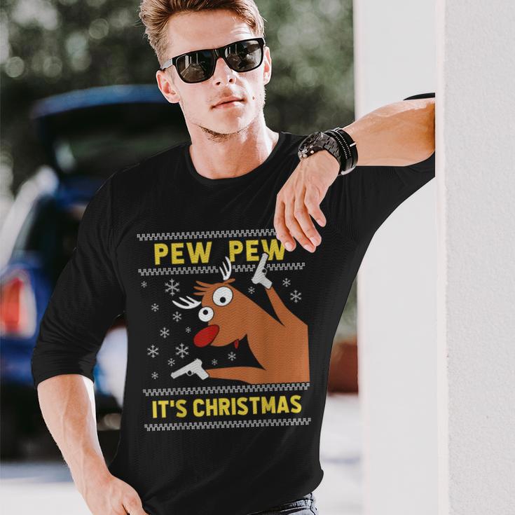 Ugly Christmas Sweater Pew Pew Crazy Reindeer Xmas Langarmshirts Geschenke für Ihn