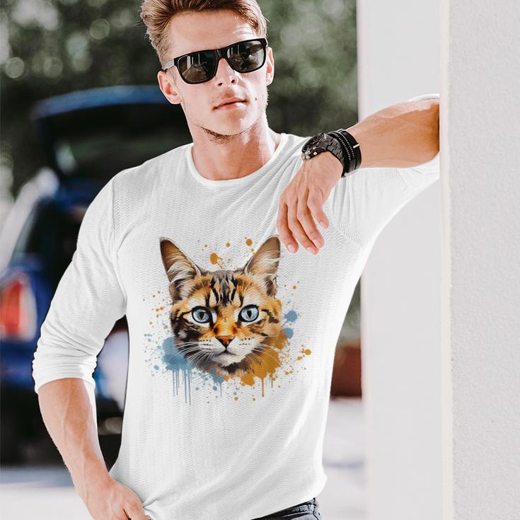 Watercolour Cat Portrait Adorable Animal Lover Gray Langarmshirts Geschenke für Ihn