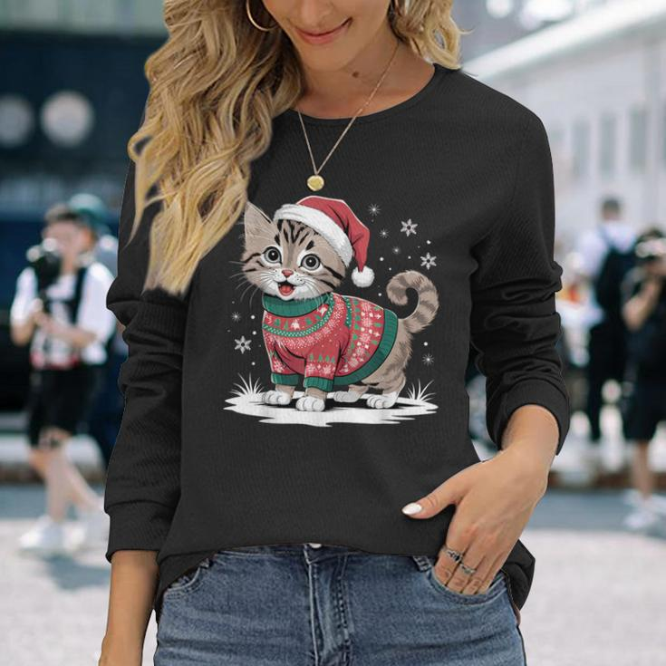 Cat Wearing Ugly Christmas Jumper And Santa Hat Cute Kitten Langarmshirts Geschenke für Sie