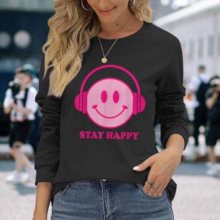 Chillibes 70S Pink Smile Face Music Headphones Happy Face Langarmshirts Geschenke für Sie