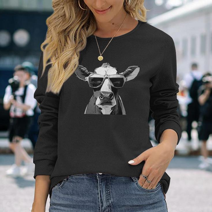 Cool Holstein Head With Sunglasses Farmer Cow Motif Langarmshirts Geschenke für Sie