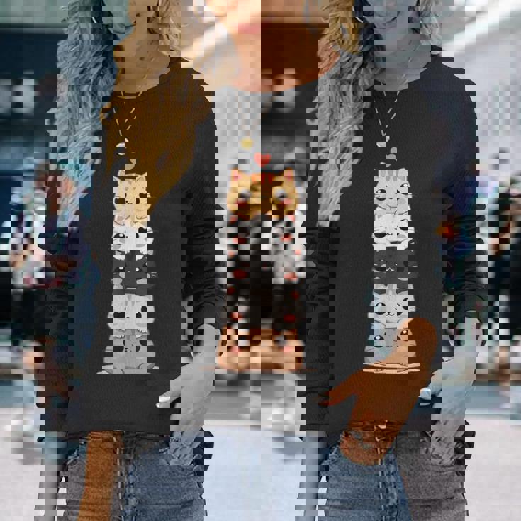 Lindos Gatos Niños Y Gatitos Amante De Los Gatos Anime Y Kawaii Gato Camiseta de manga larga Regalos para ella