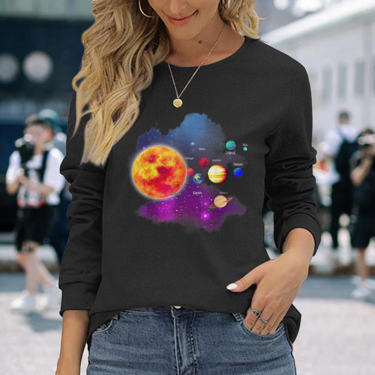 Solar System Motif With Sun Planets Stars Galaxies Langarmshirts Geschenke für Sie